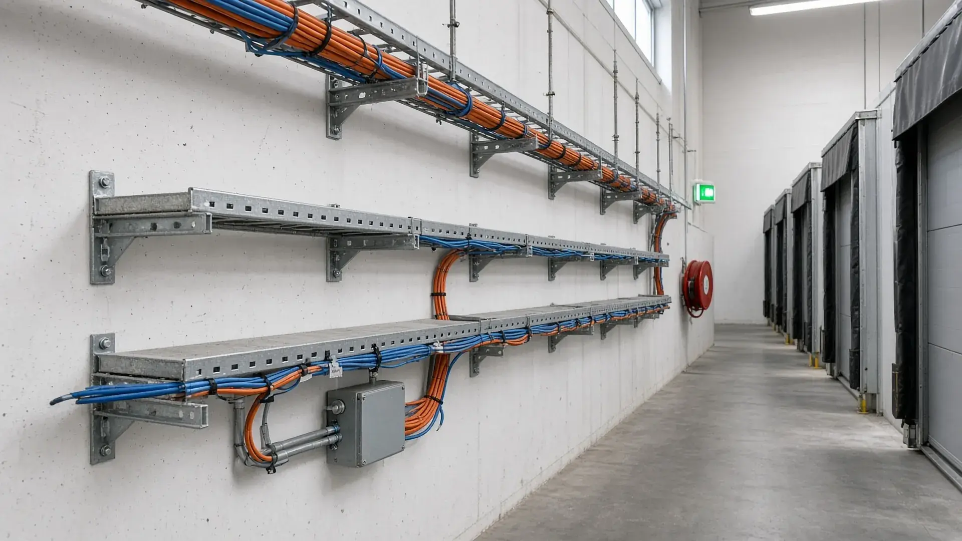 Kabelgoten en een kabelladder op wandsteunen langs een gang in een distributiecentrum