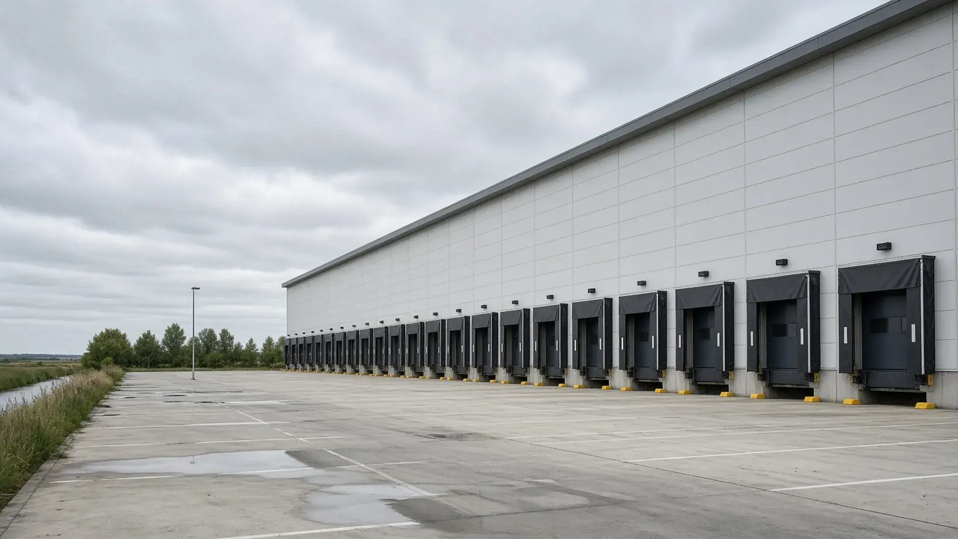 Distributiecentrum met laaddocks op een bewolkte dag