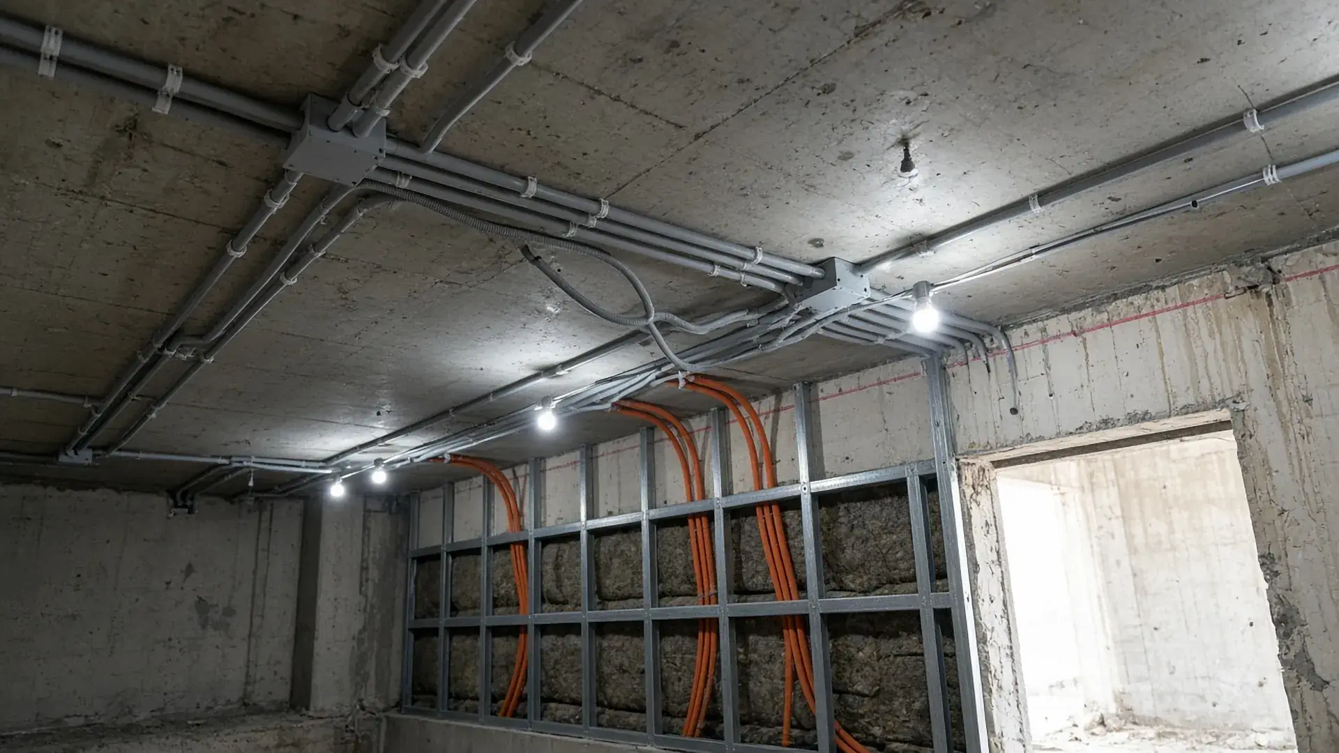 Betonplafond met grijze pvc-buizen, inbouwdozen en oranje flexbuis naar een open wand