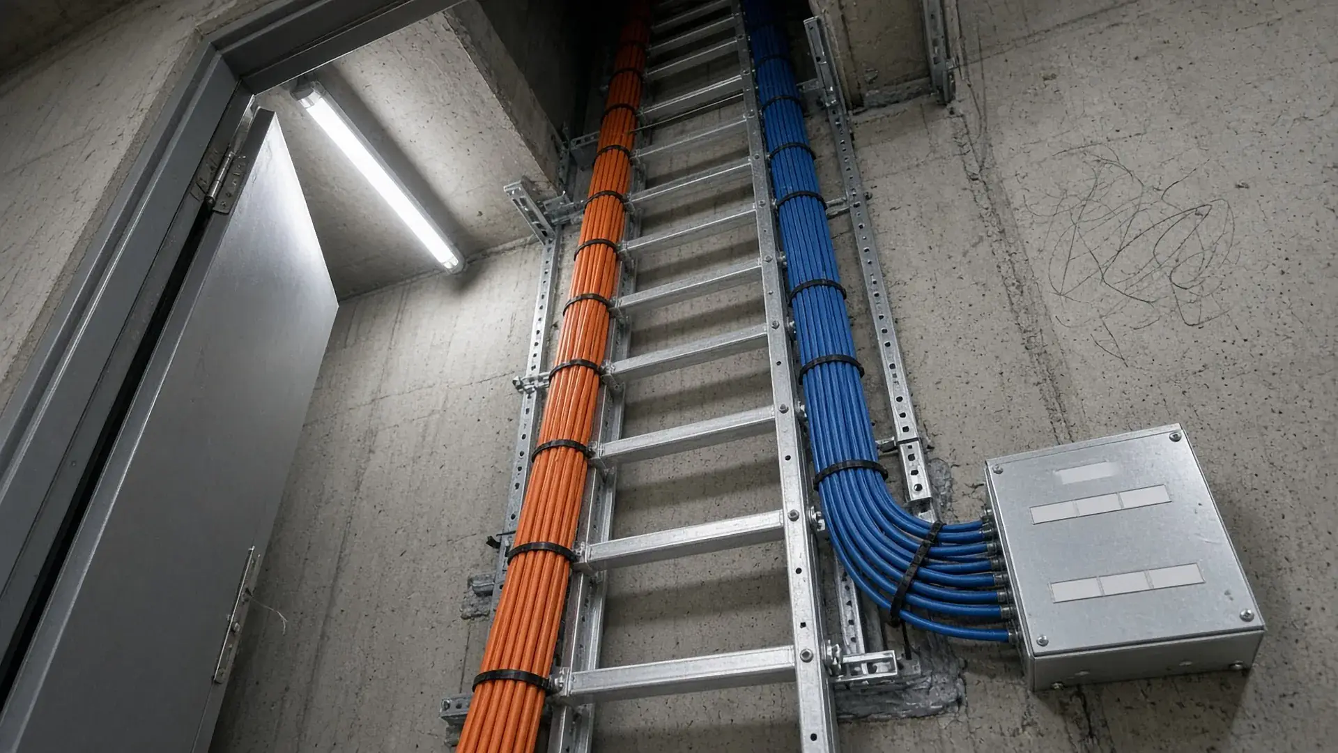 Verticale kabelladder in een schacht met oranje en blauwe kabelbundels